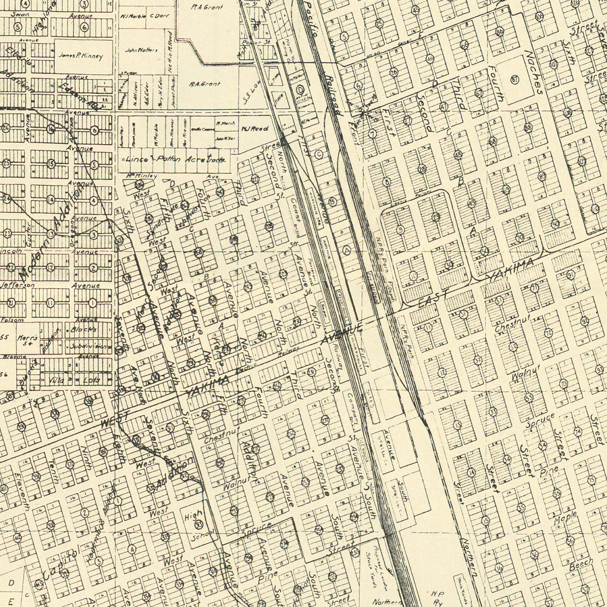 Restored historic details from the 1908 city map of North Yakima, Washington