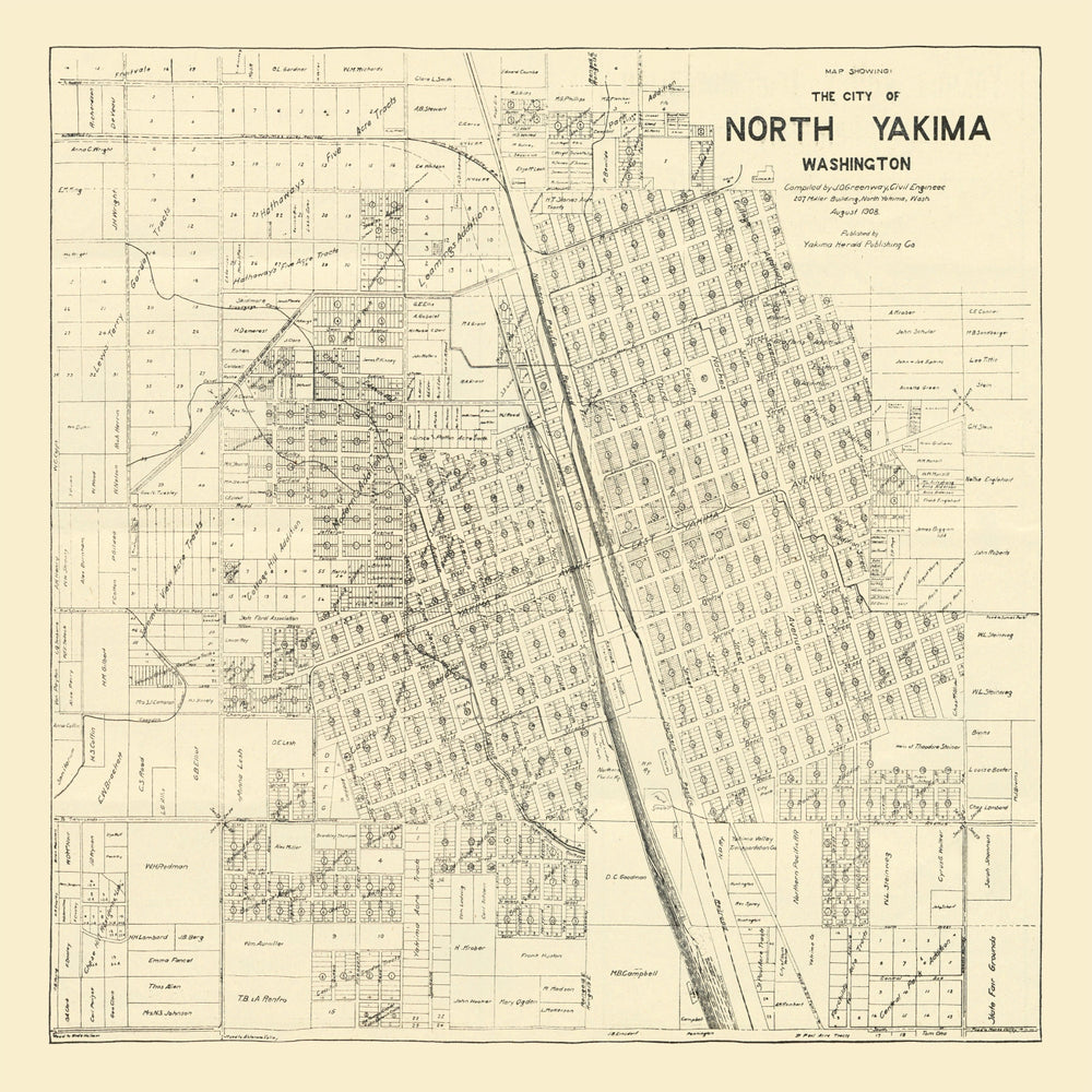 Vintage Map of North Yakima, Washington 1908 print style example