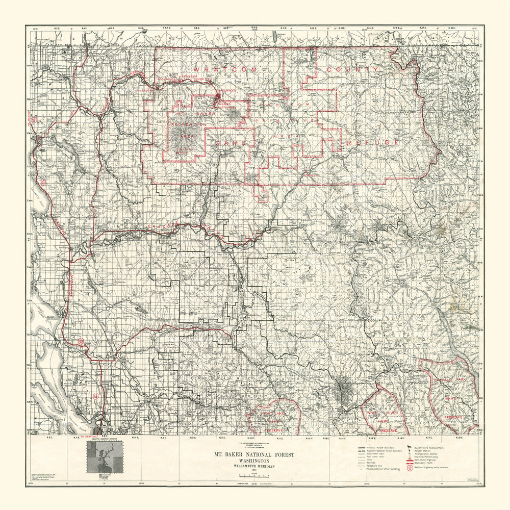 Vintage Map of Mt. Baker National Forest 1931 print style example