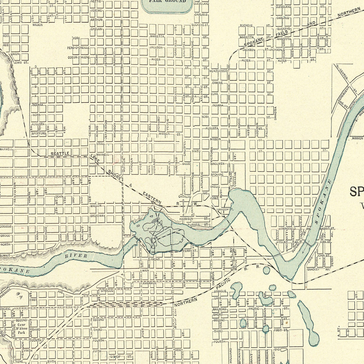 Restored historic details from the 1895 city map of Spokane Falls, Washington
