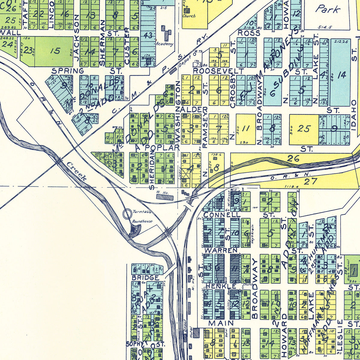 Restored historic details from the 1910 city map of Tekoa, Washington