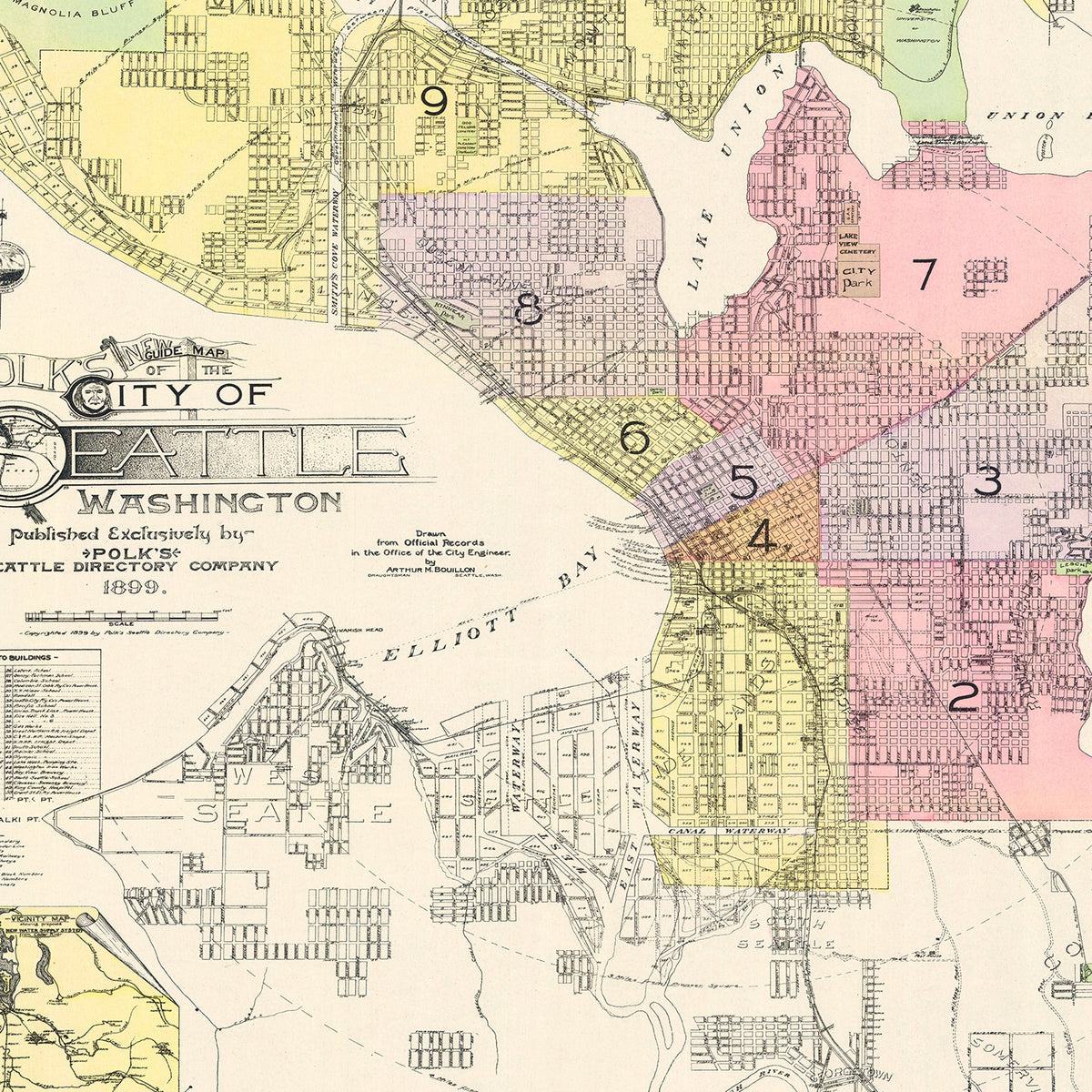 Restored historic details from the 1899 city map of Seattle, Washington