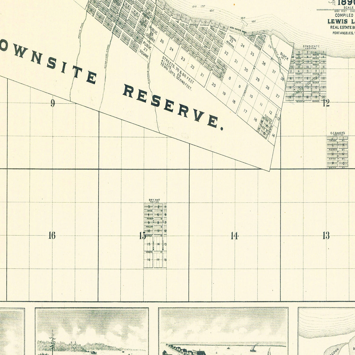 Restored historic details from the 1890 city map of Port Angeles, Washington