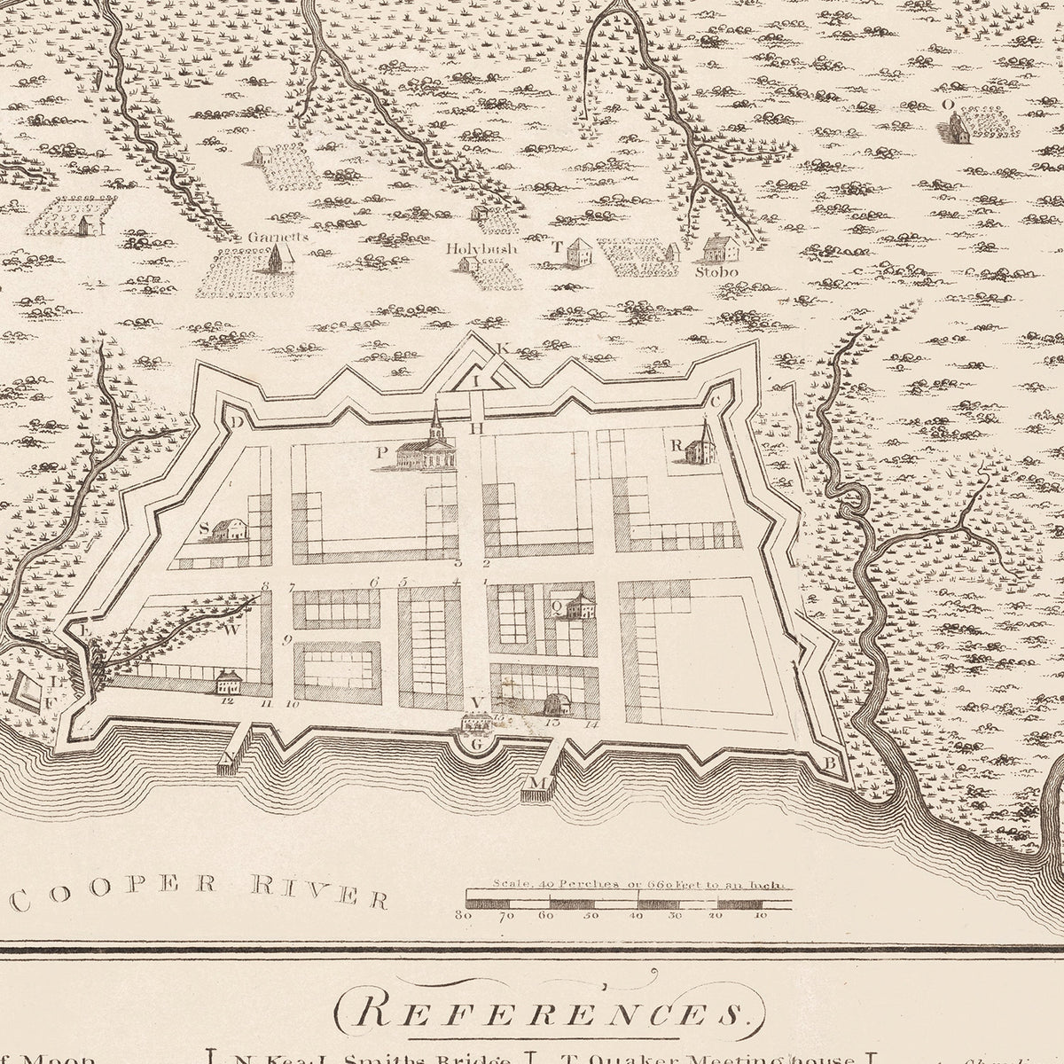 Restored historic details from the 1809 city map of Charleston, South Carolina