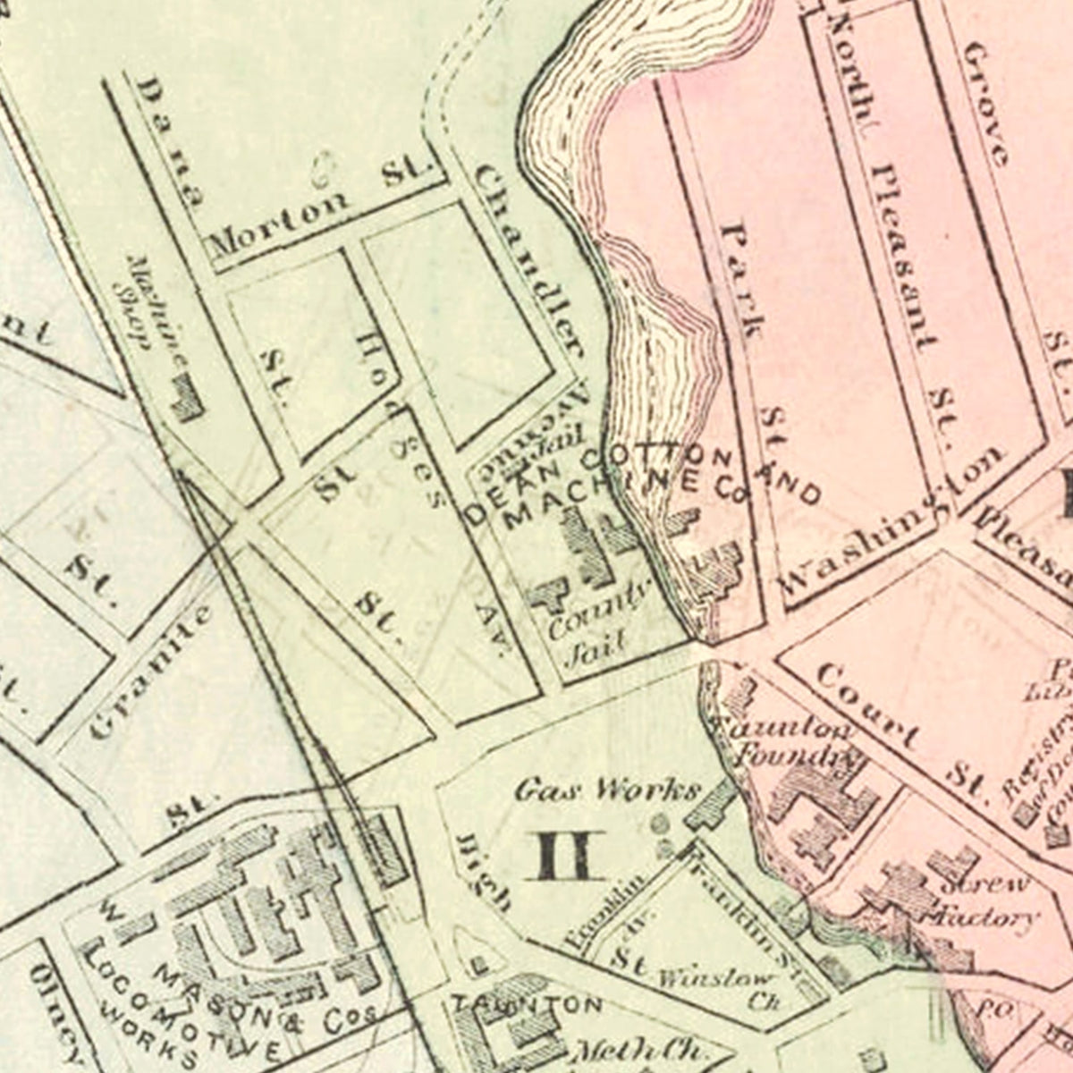 Restored historic details from the 1874 city map of Taunton, Massachusetts