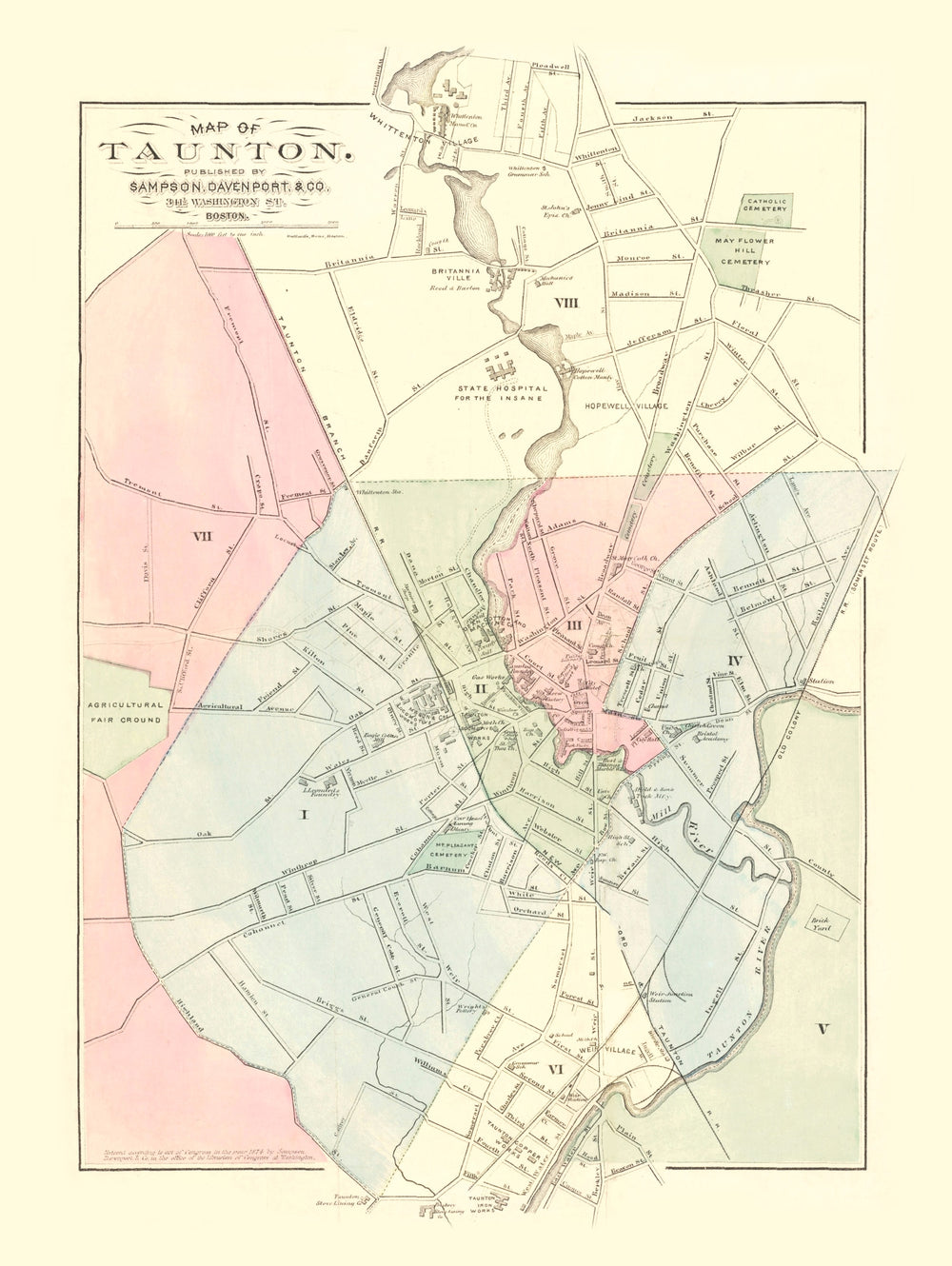 Vintage Map of Taunton, Massachusetts 1874 print style example