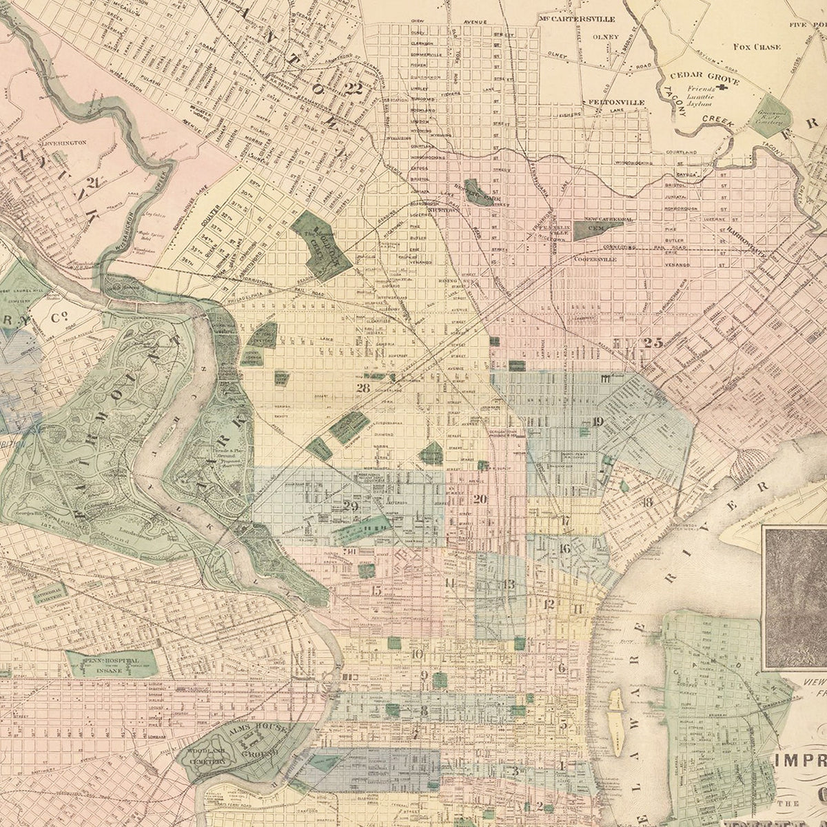 Restored historic details from the 1872 city map of Philadelphia, Pennsylvania