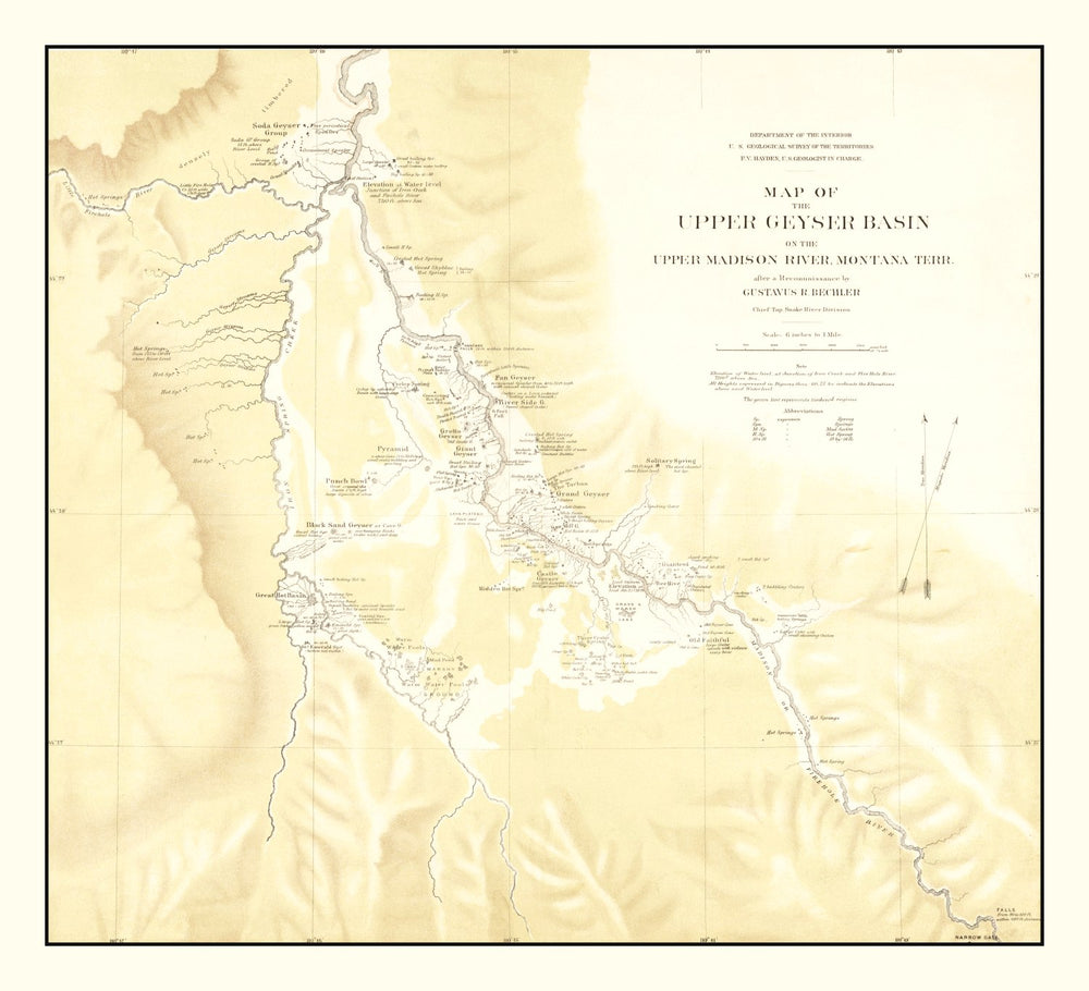 Vintage Map of Upper Geyser Basin on Upper Madison River 1872 print style example