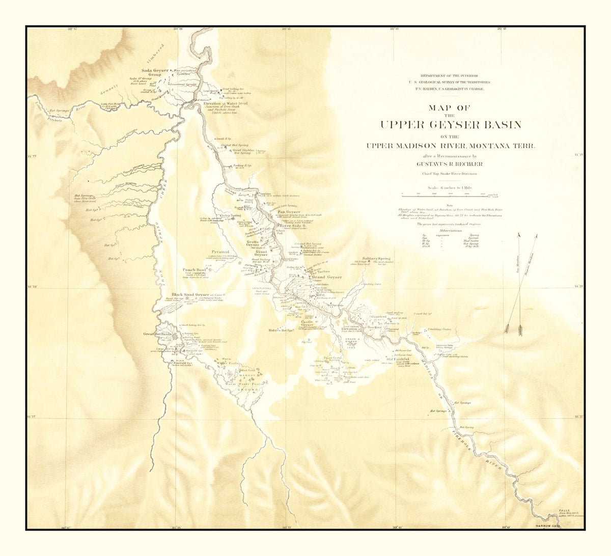 Preview of Vintage Map of Upper Geyser Basin on Upper Madison River 1872