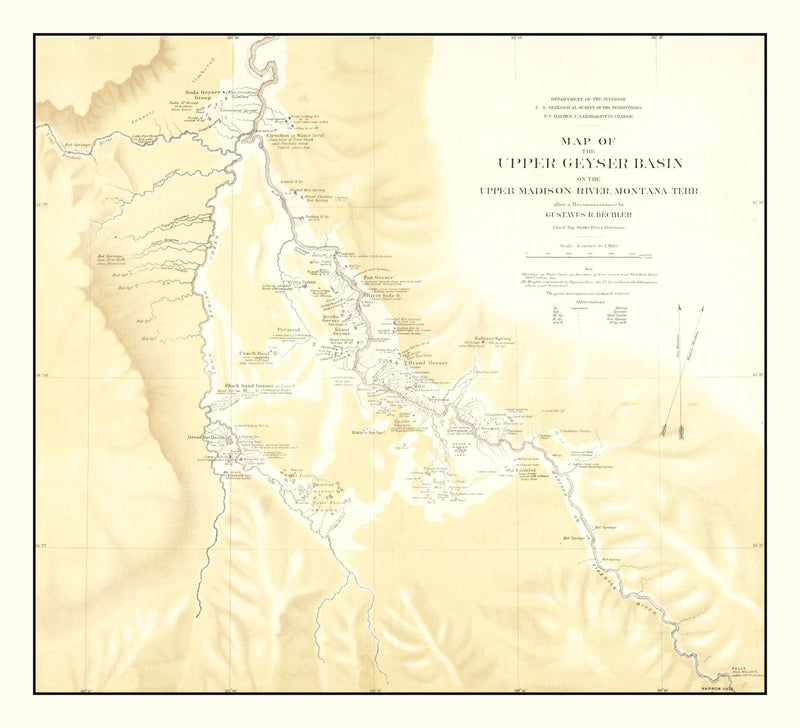 Size comparison using Vintage Map of Upper Geyser Basin on Upper Madison River 1872
