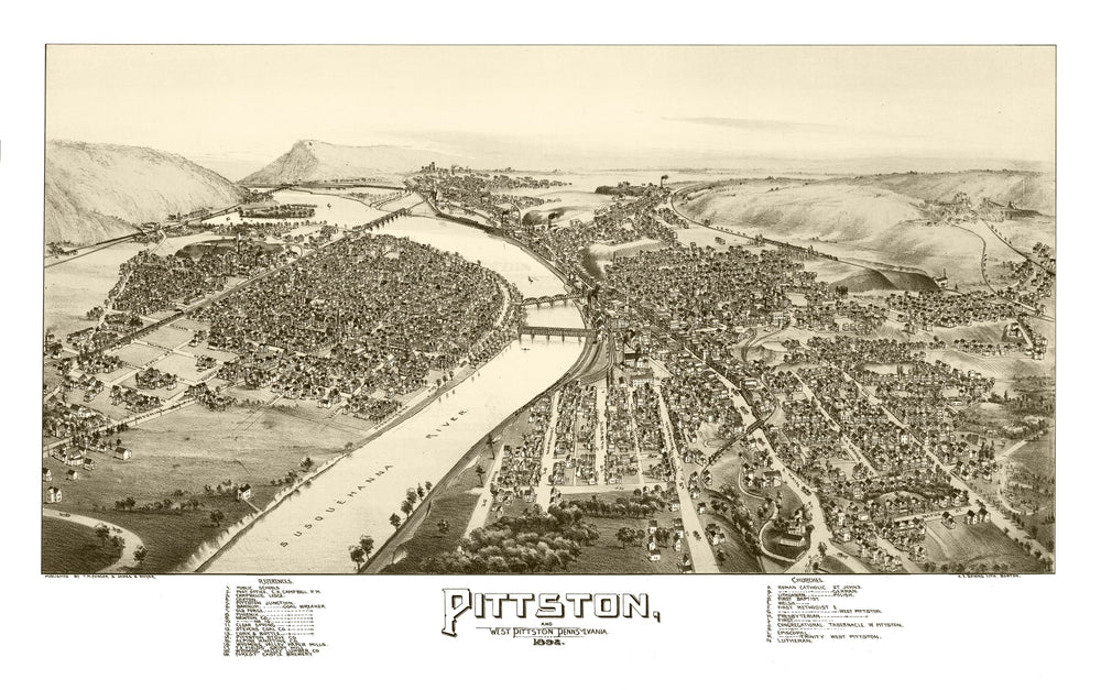 Vintage Map of Pittston & West Pittston, Pennsylvania 1892 print style example
