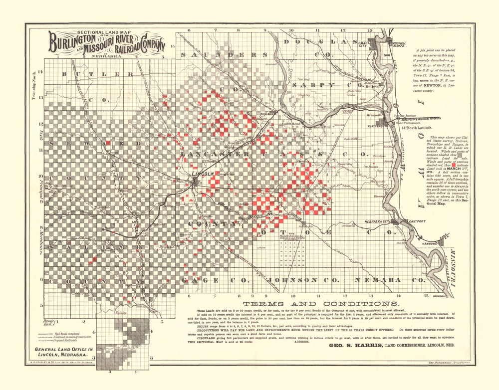 Vintage Railroad Map of Lincoln 1871 print style example