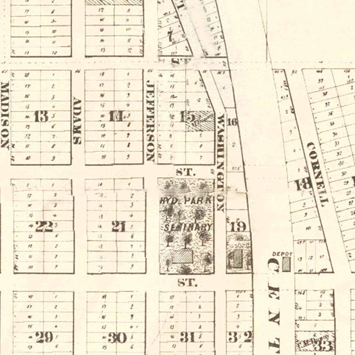 Restored historic details from the 1870 misc. attraction map of County, Illinois