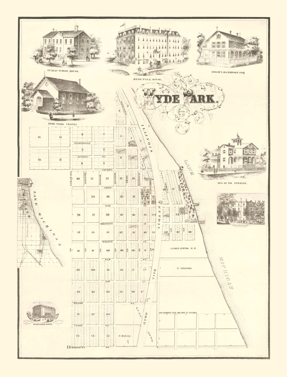 Vintage Hyde Park Chicago Map 1870 print style example