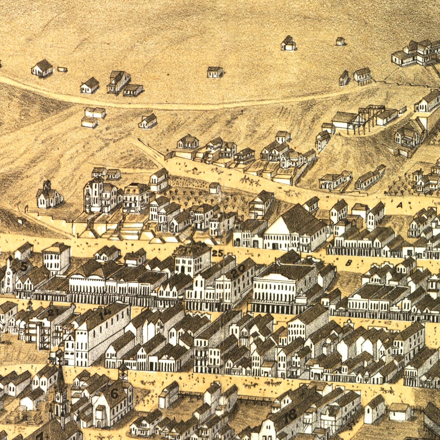 Restored historic details from the 1875 city map of Virginia City, Nevada
