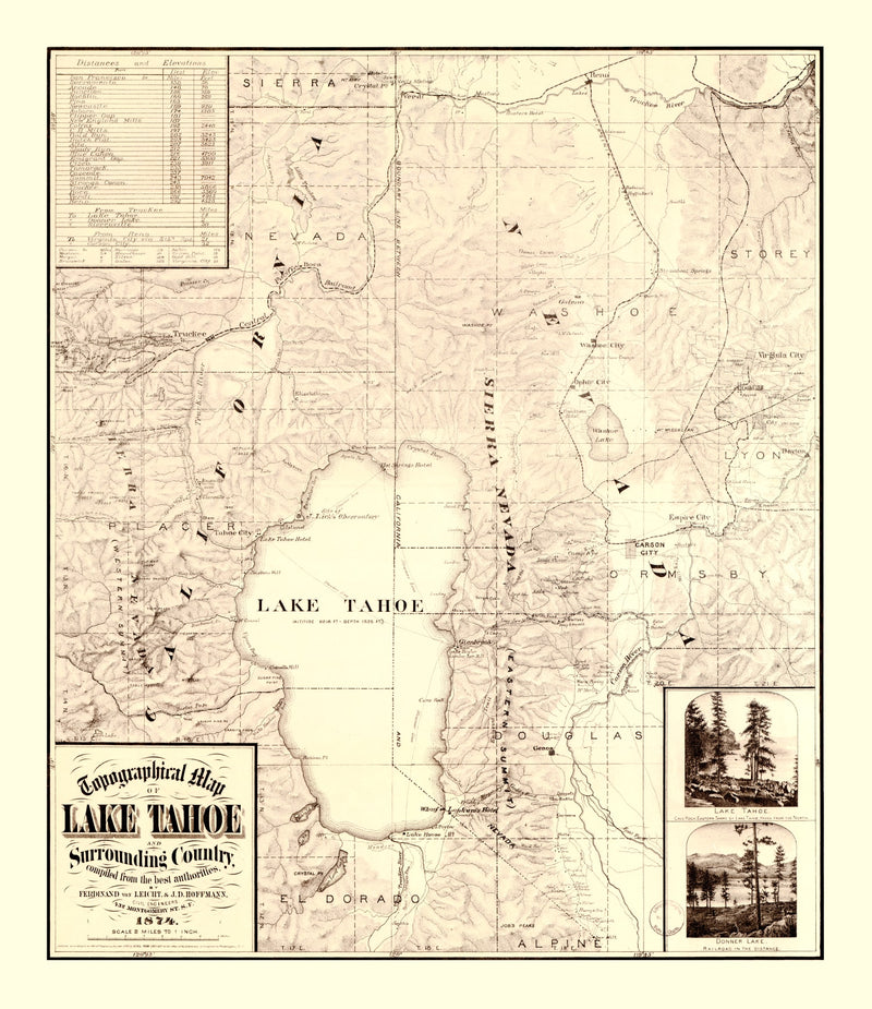 Size comparison using Vintage Topographical Map of Lake Tahoe 1874