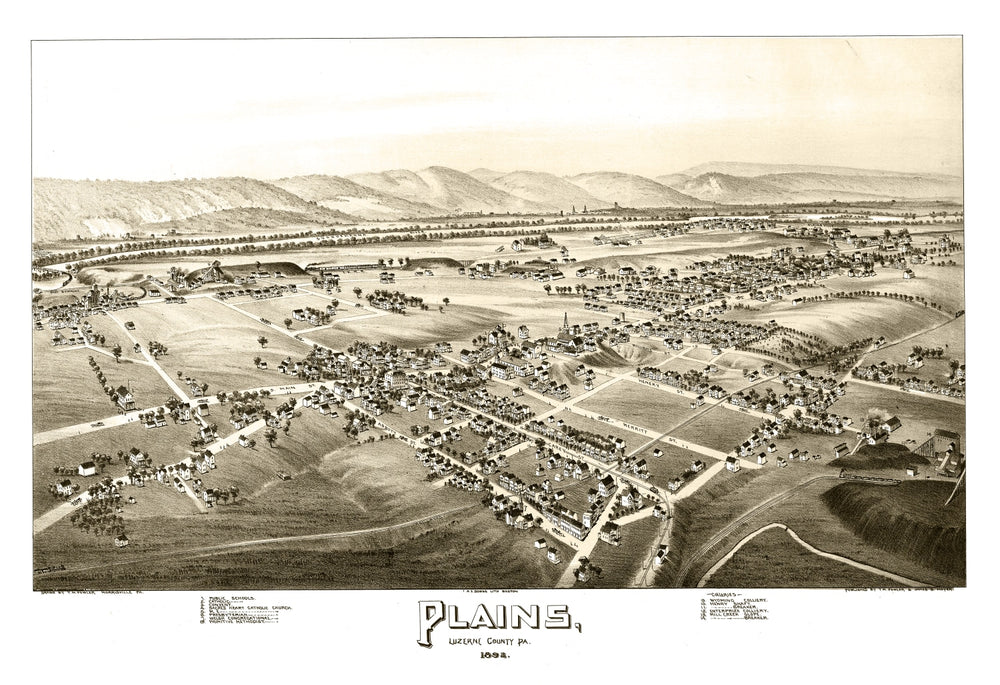 Vintage Map of Plains, Pennsylvania 1892 print style example