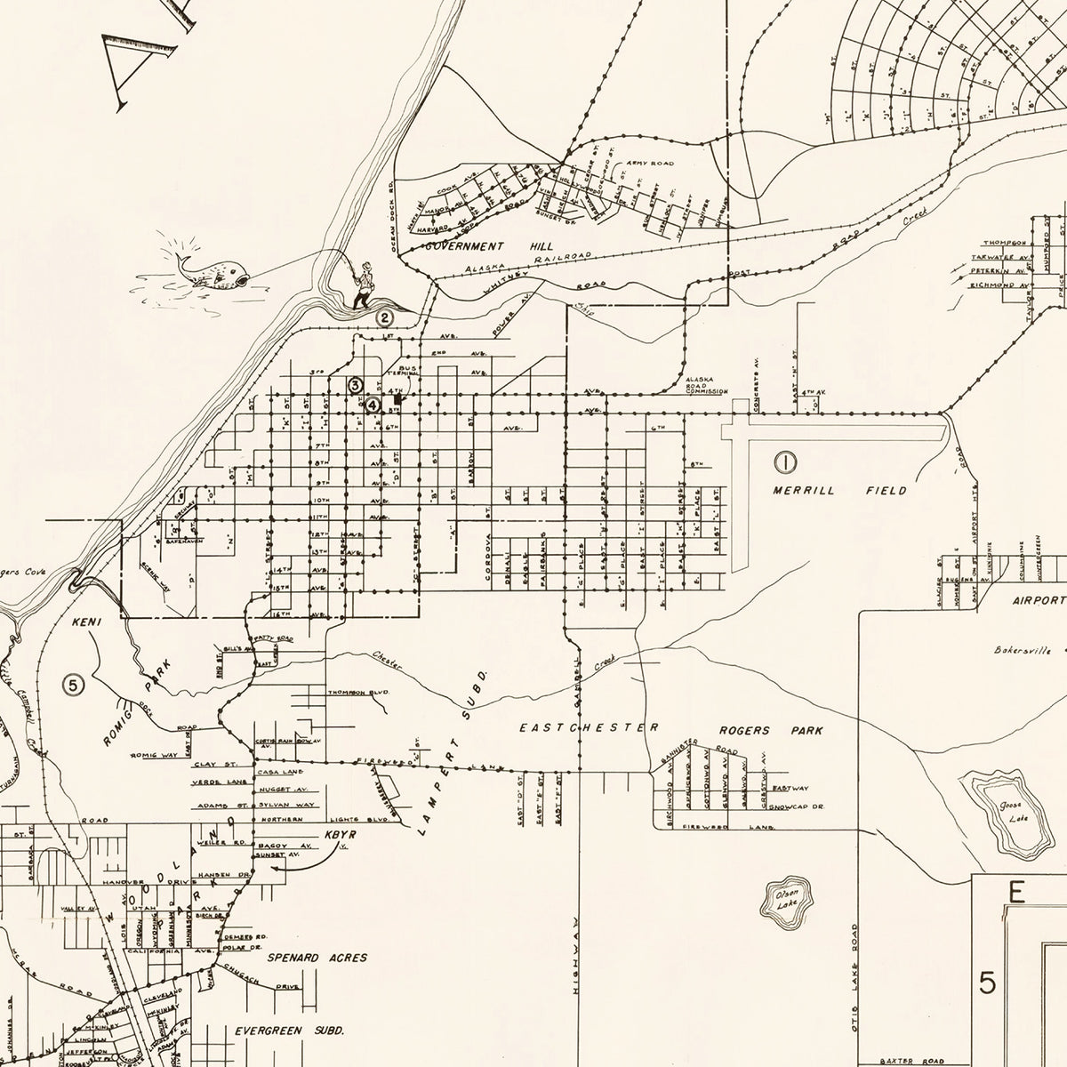 Restored historic details from the 1951 city map of Anchorage, Alaska