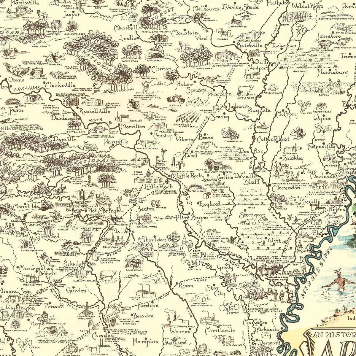 Restored historic details from the 1938 state map of County, Arkansas