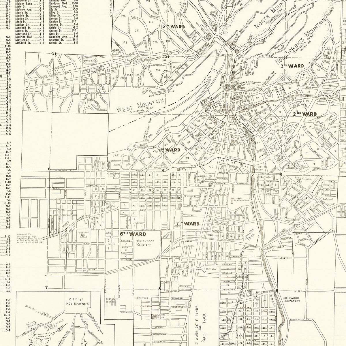 Restored historic details from the 1948 city map of Hot Springs, Arkansas