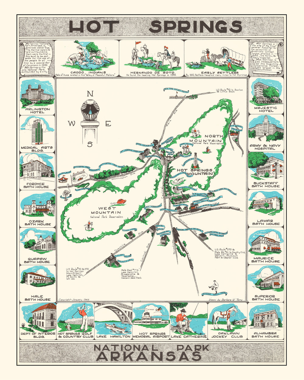 Vintage Map of Hot Springs National Park 1948 print style example
