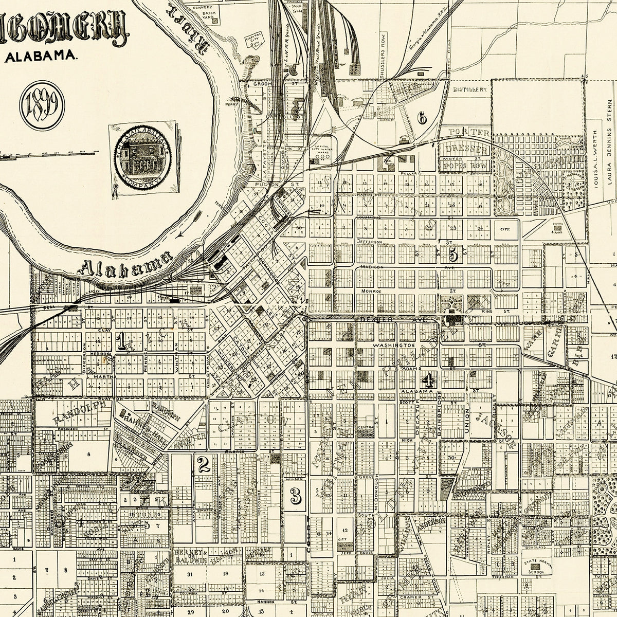 Restored historic details from the 1899 city map of Montgomery, Alabama