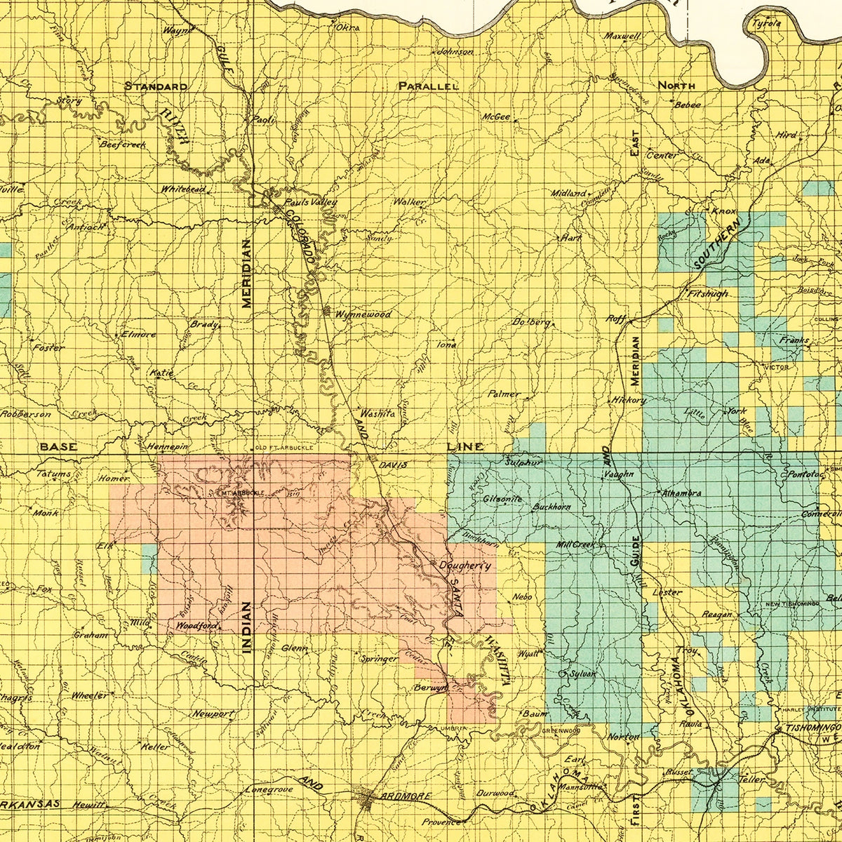 Restored historic details from the 1900 region map of County, Oklahoma