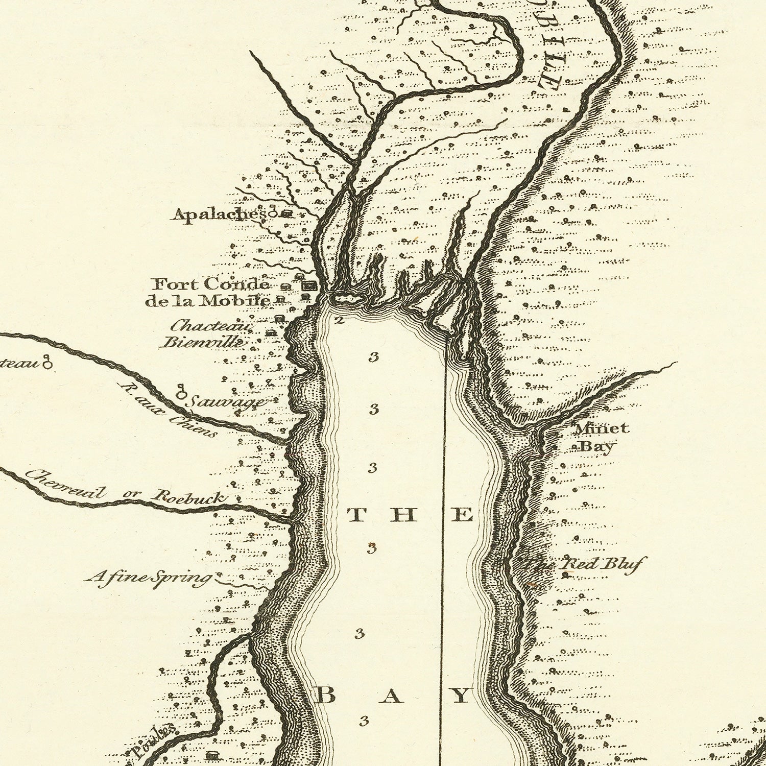 Restored historic details from the 1763 city map of Mobile, Alabama