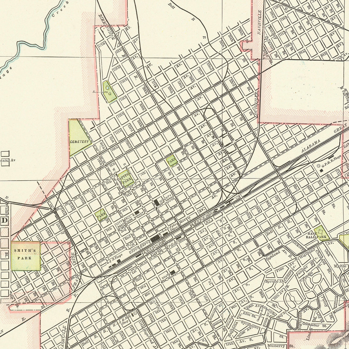 Restored historic details from the 1895 city map of Birmingham, Alabama