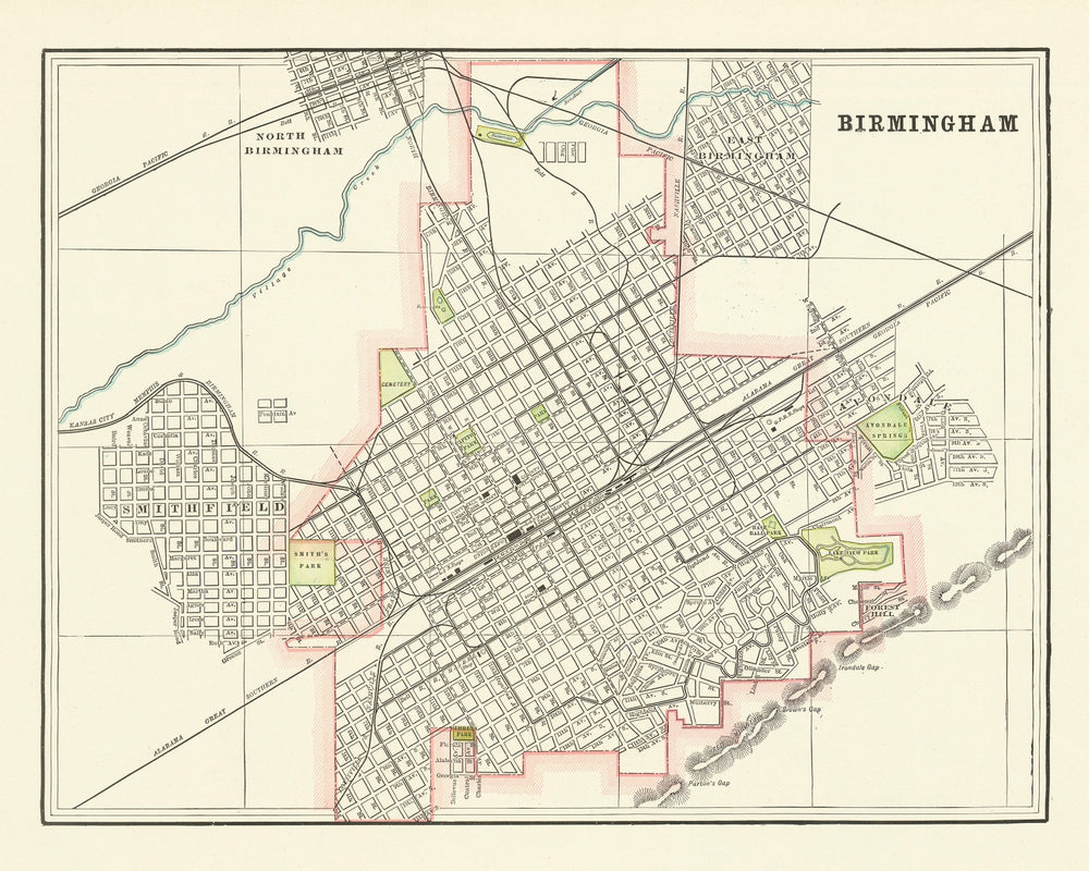 Vintage Map of Birmingham, Alabama 1895 print style example