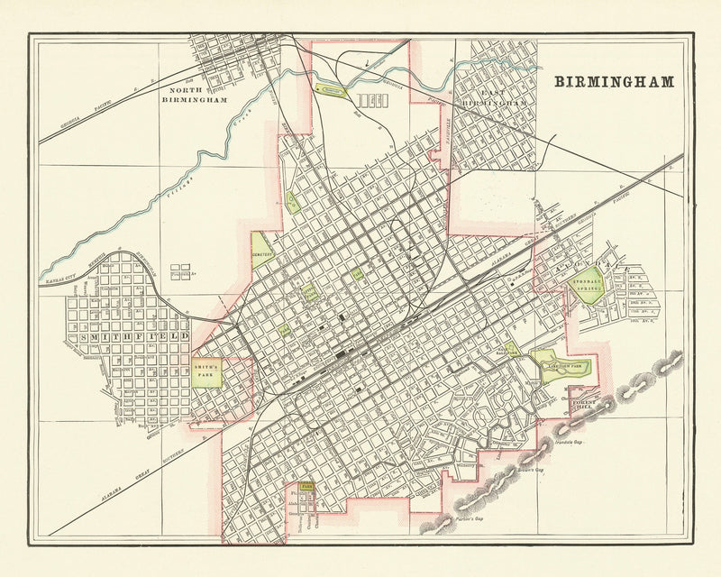 Size comparison using Vintage Map of Birmingham, Alabama 1895