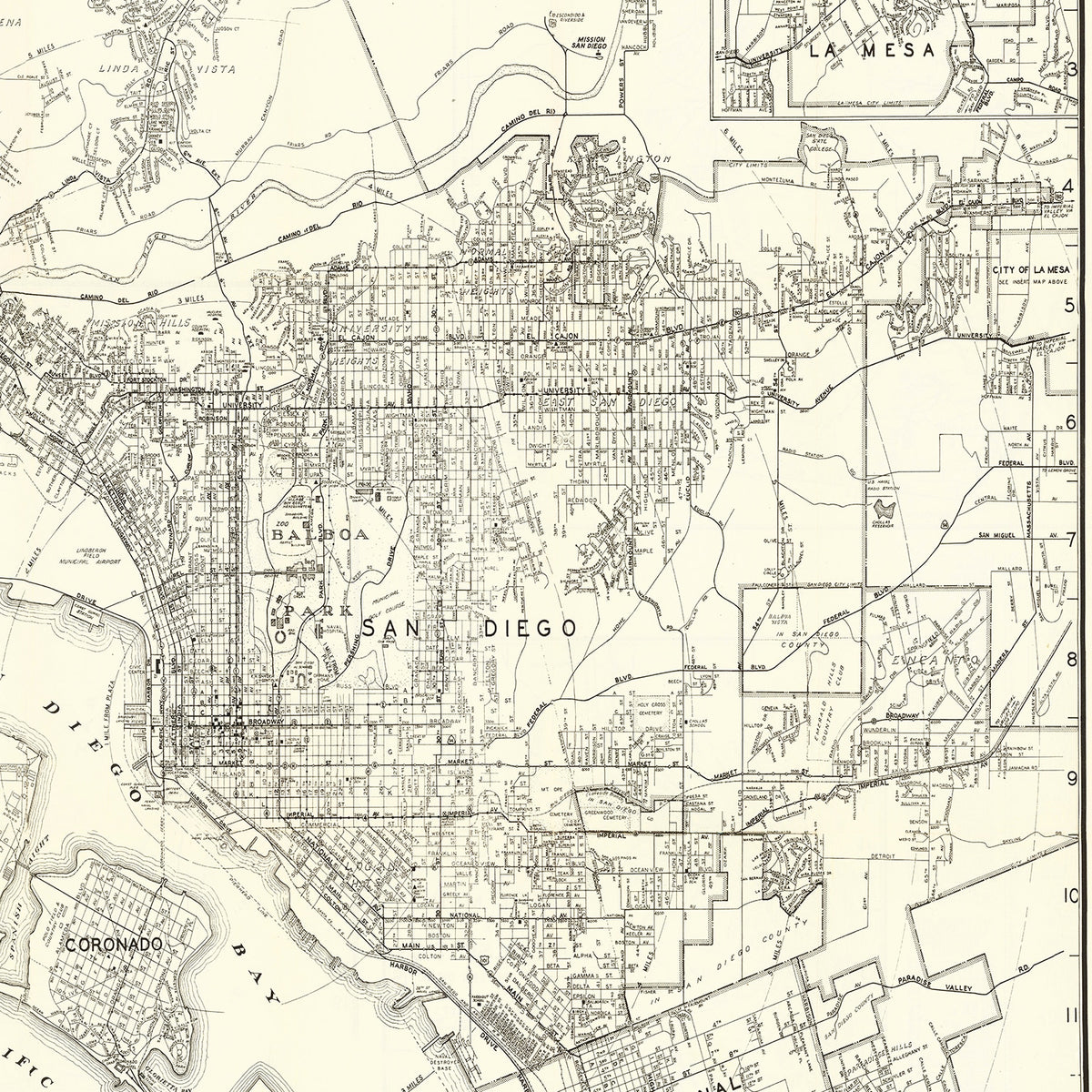 Restored historic details from the 1930 city map of San Diego, California