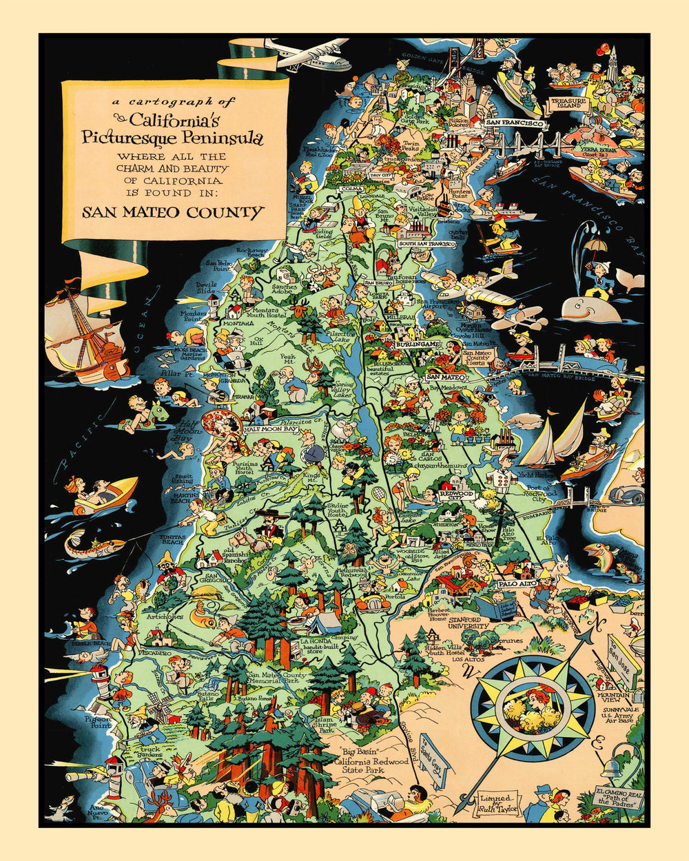 Vintage Map of San Mateo County, California 1930 print style example