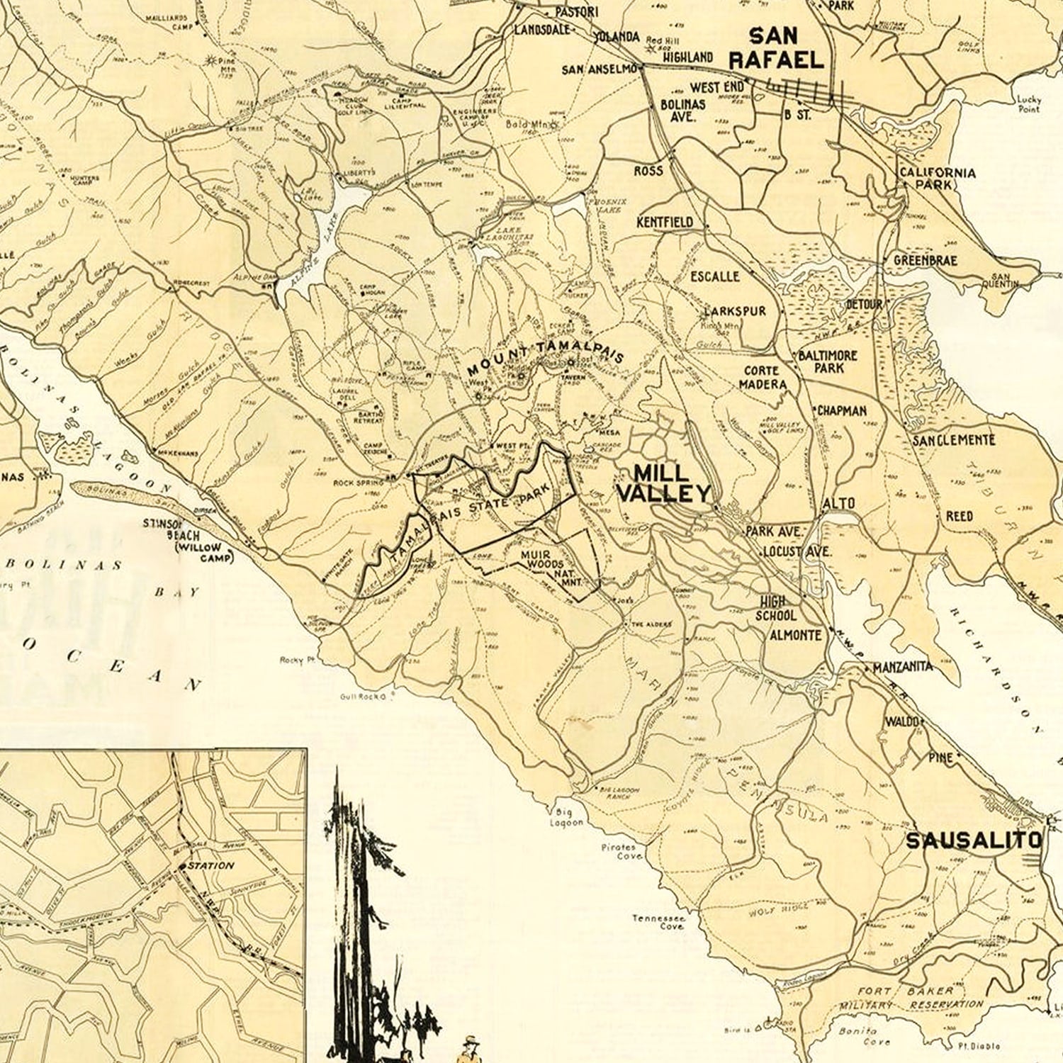 Restored historic details from the 1930 county map of Marin County, California