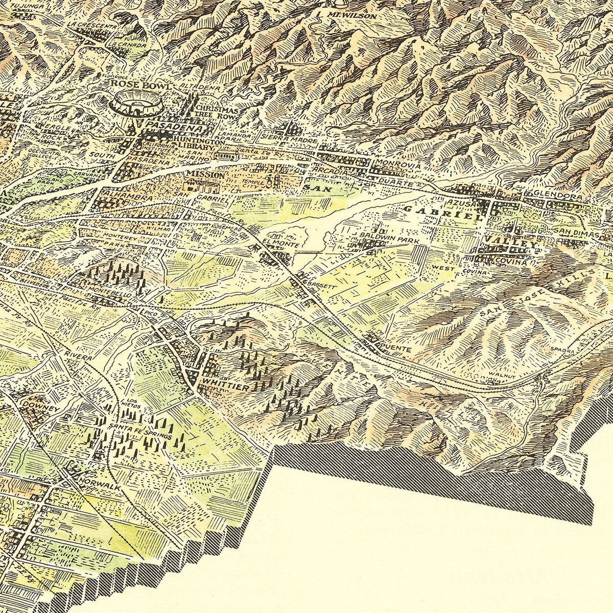 Restored historic details from the 1931 city map of San Gabriel Valley, California