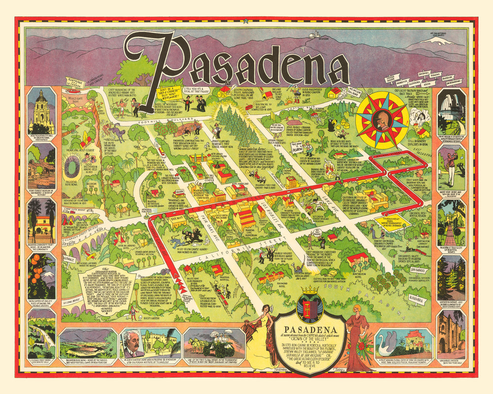Vintage Map of Pasadena, California 1933 print style example