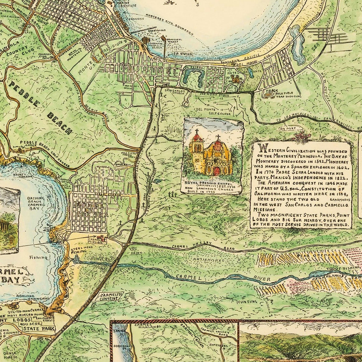 Restored historic details from the 1933 city map of Monterey, California