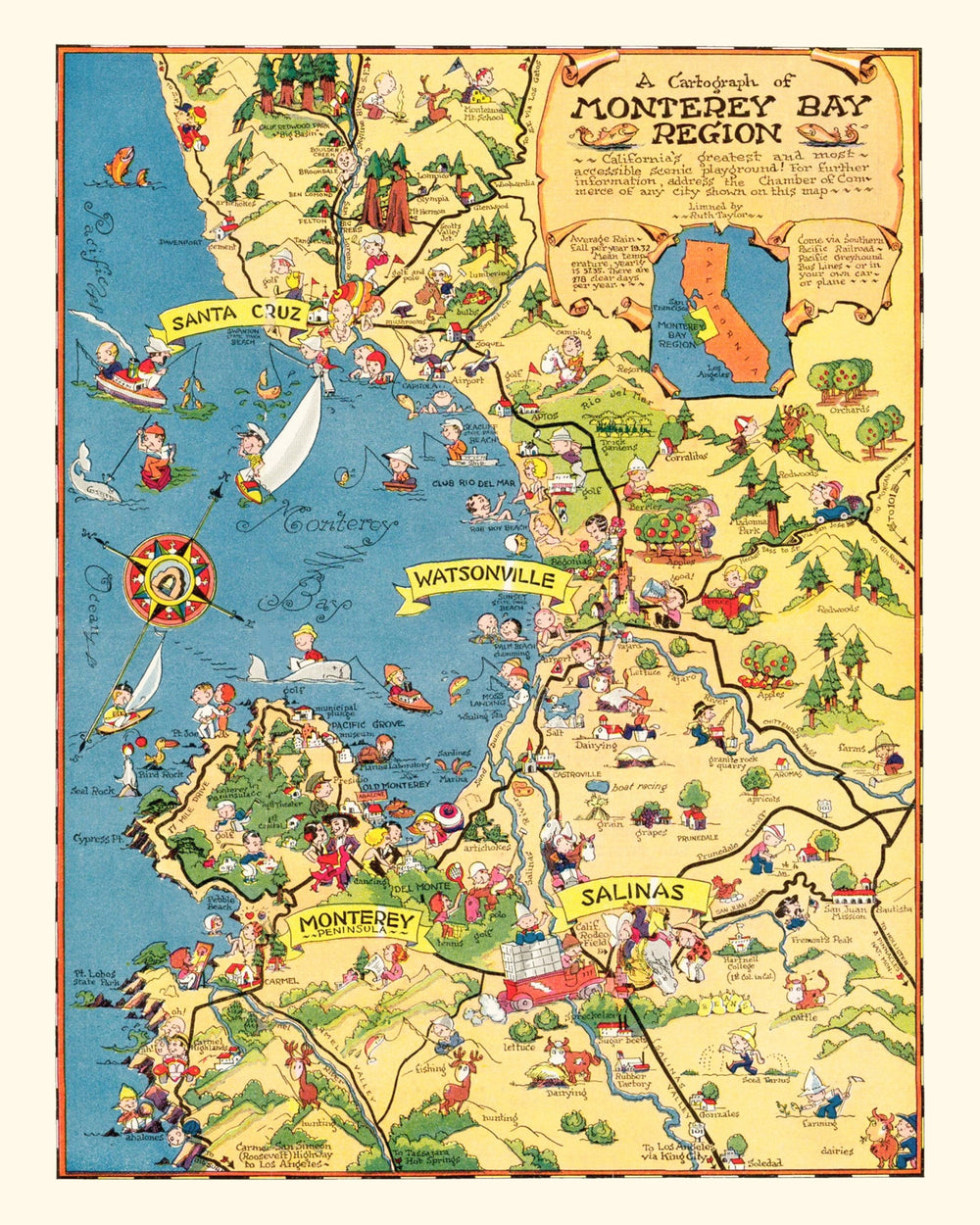 Vintage Map of Monterey Bay, 1933 print style example