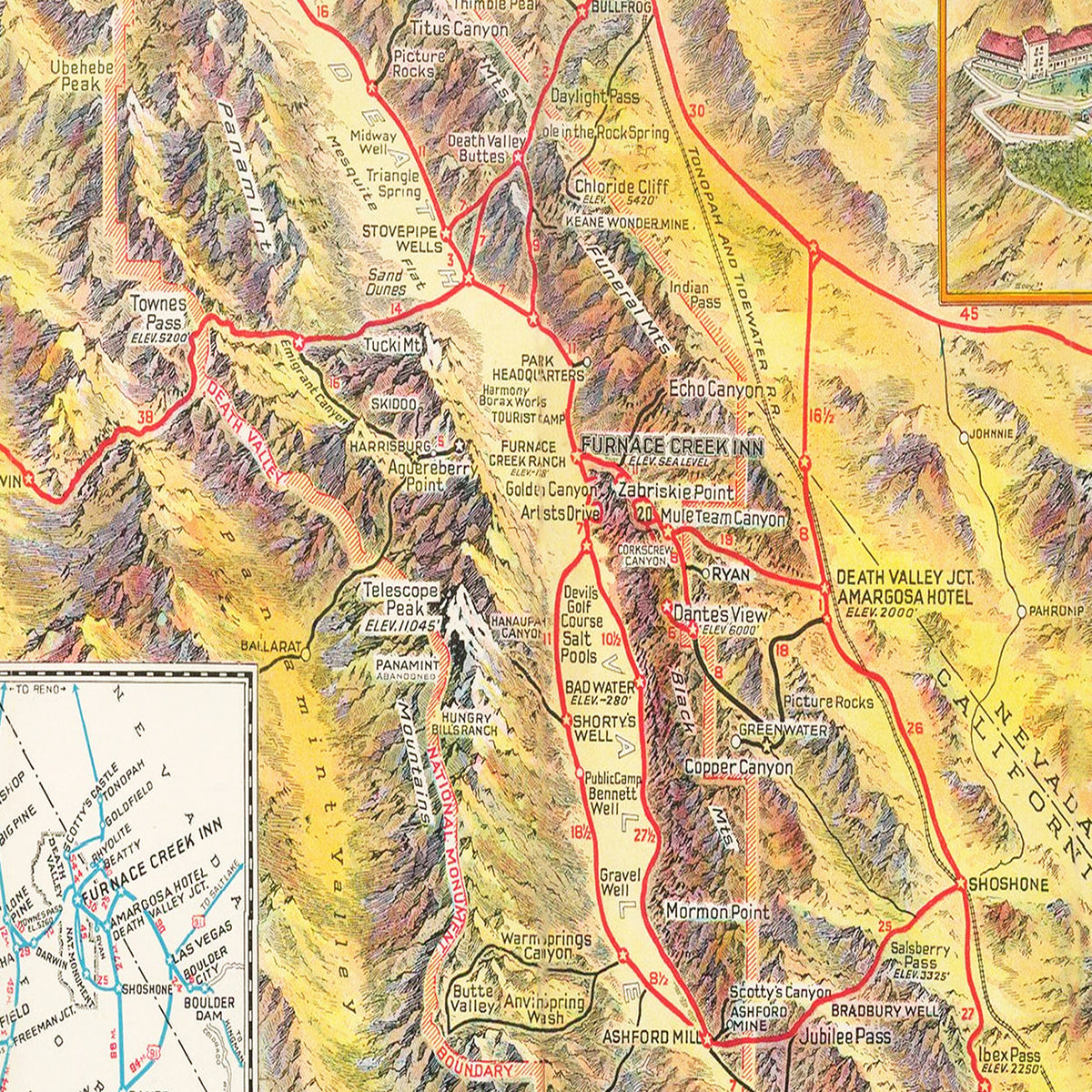 Restored historic details from the 1934 national park map of County, California