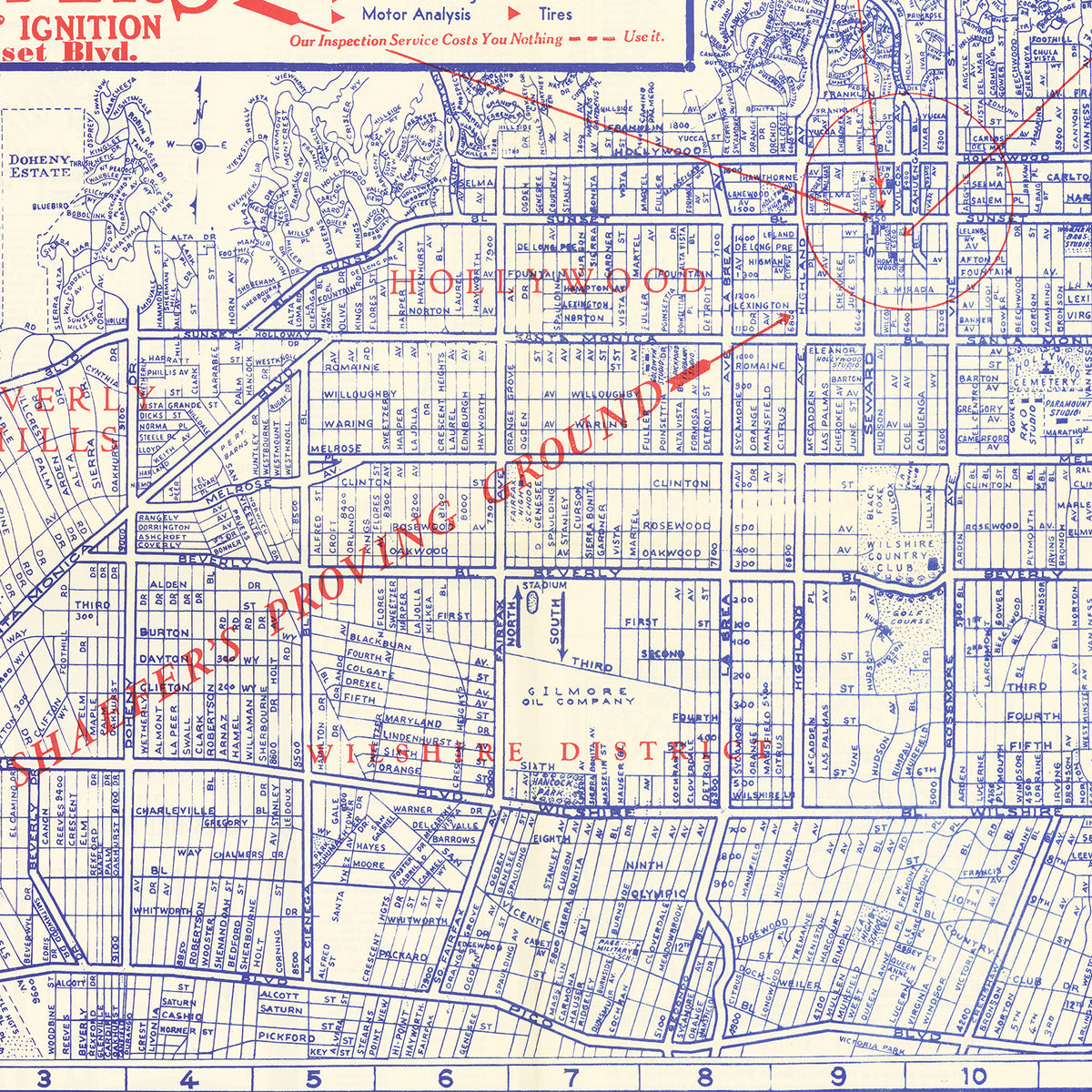 Restored historic details from the 1935 city map of Hollywood, California