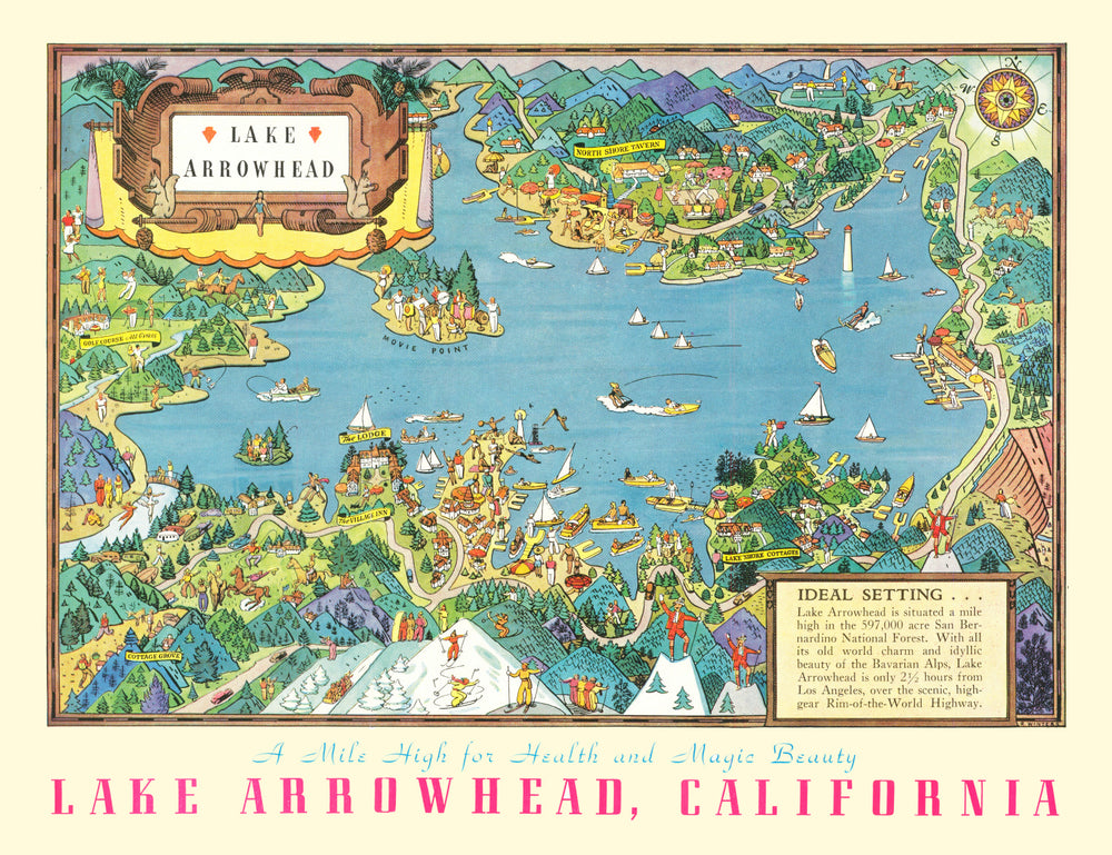 Vintage Pictorial Map of Lake Arrowhead, CA 1938 print style example