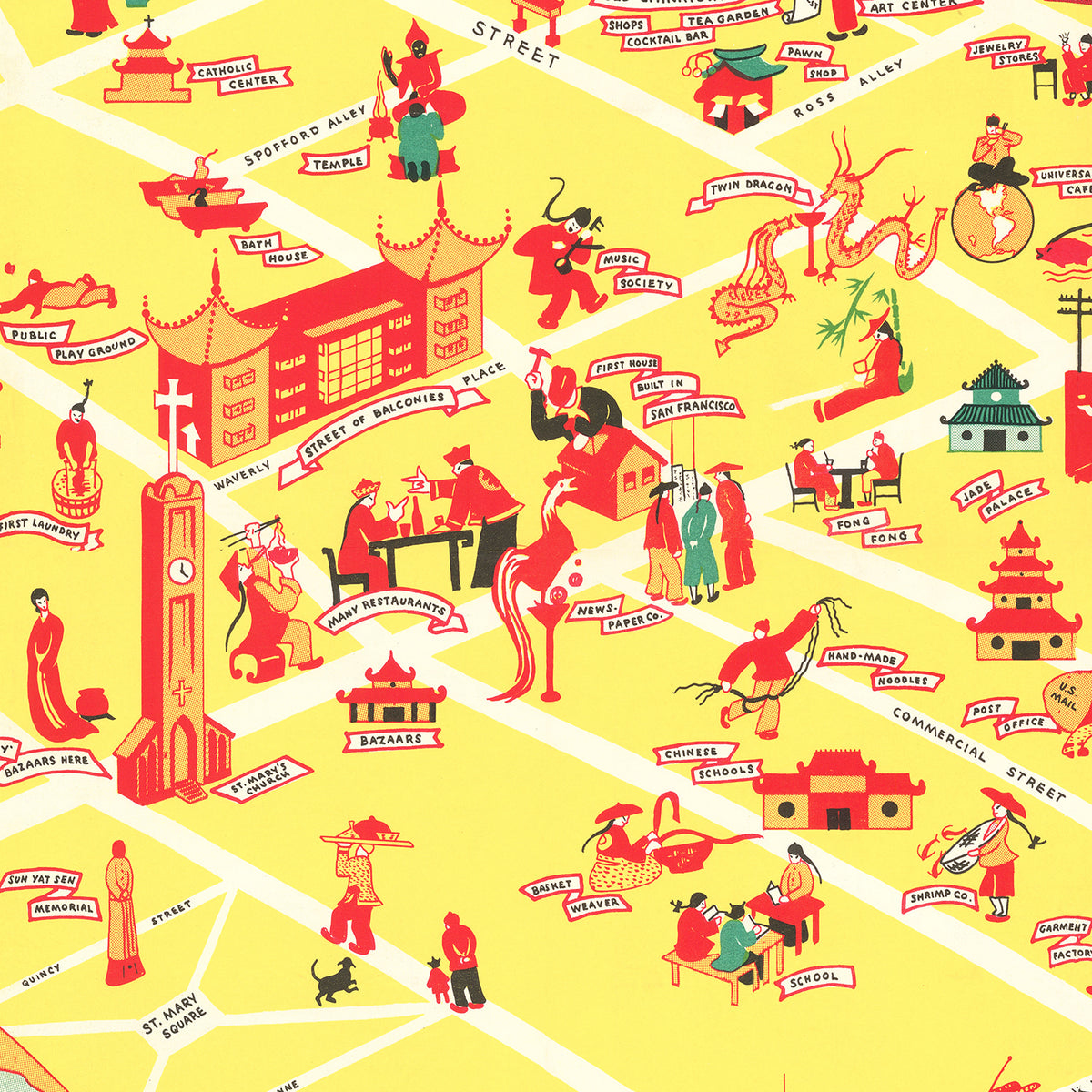 Restored historic details from the 1939 city map of Chinatown San Francisco, California