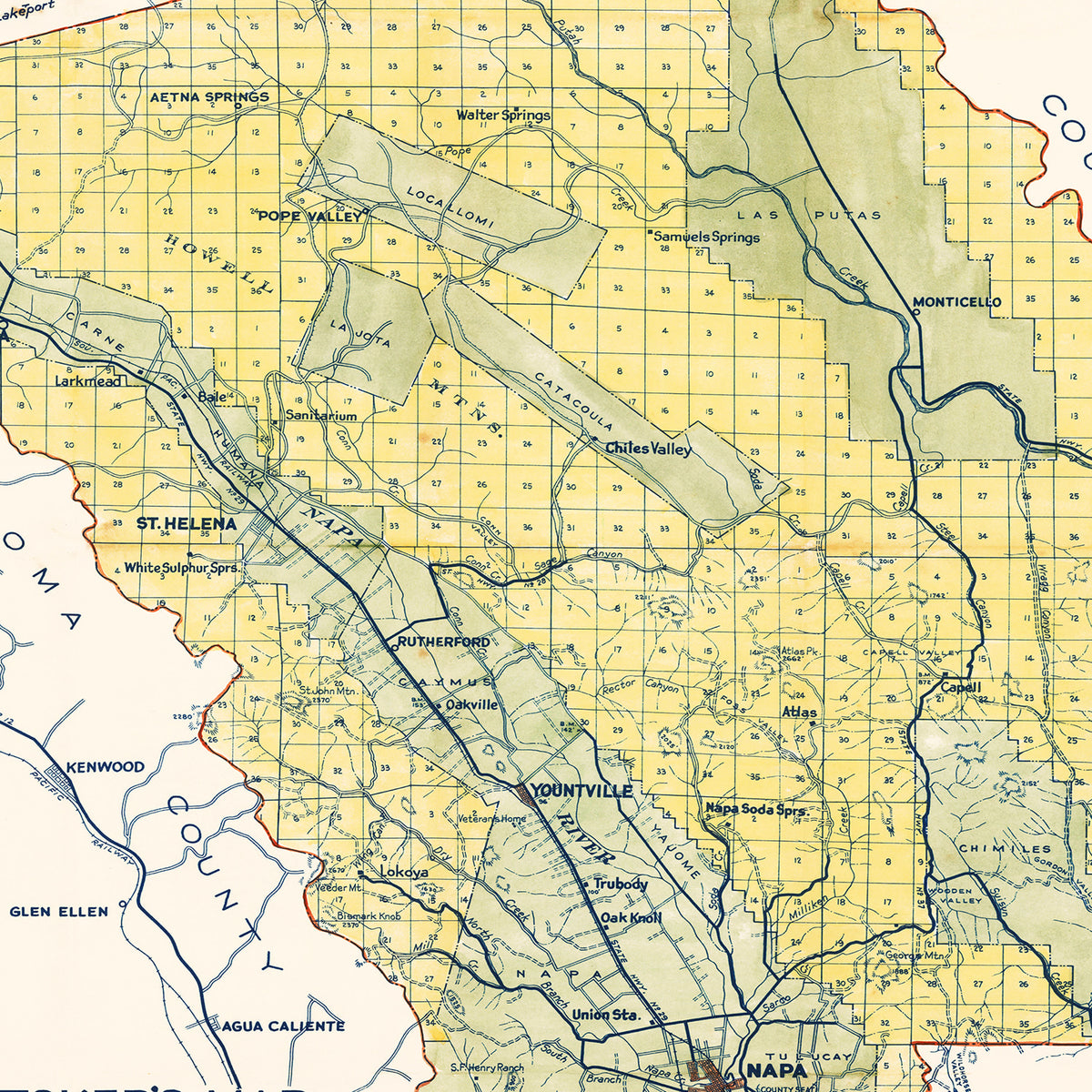 Restored historic details from the 1940 county map of Napa County, California