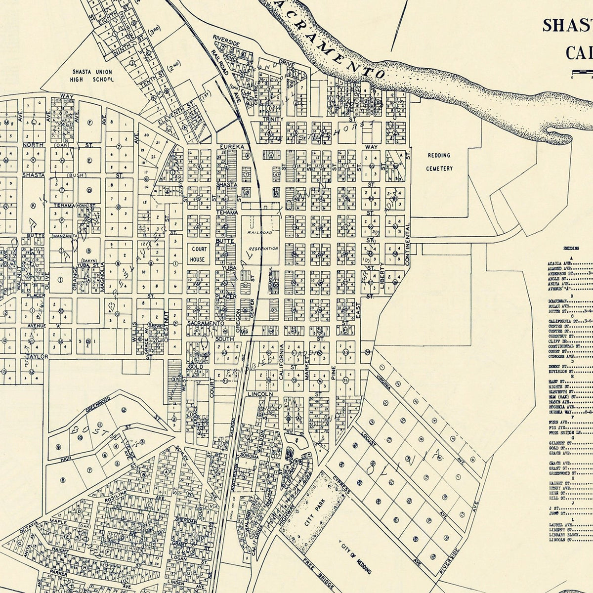 Restored historic details from the 1920 city map of Redding, California