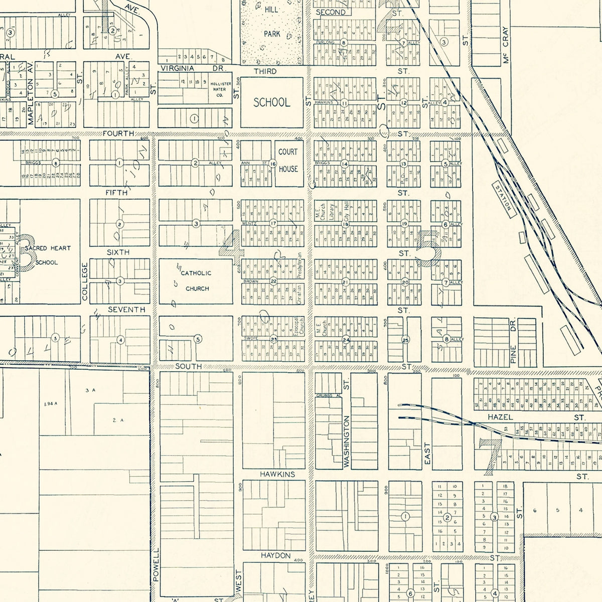 Restored historic details from the 1920 city map of Hollister, California