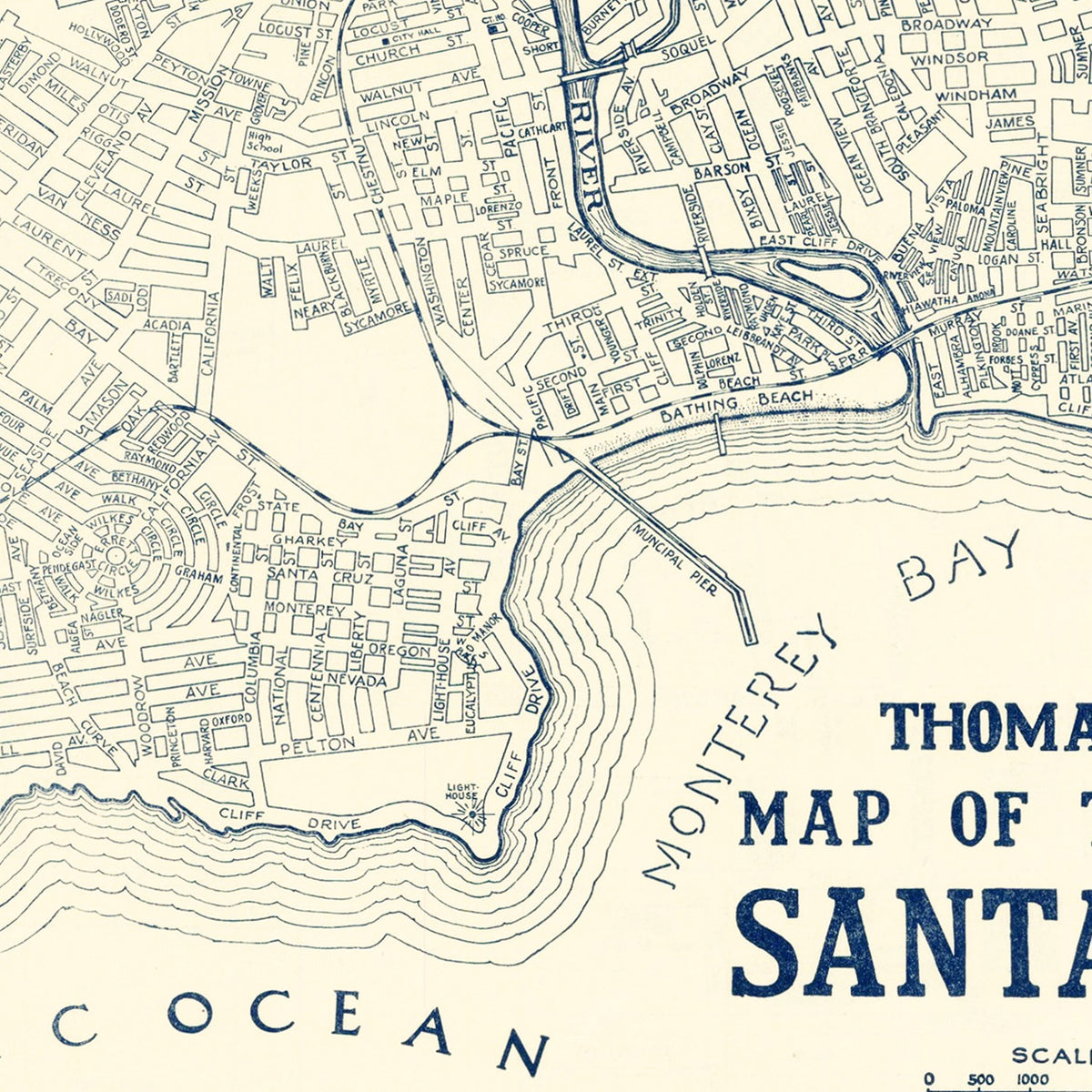 Restored historic details from the 1920 city map of Santa Cruz, California