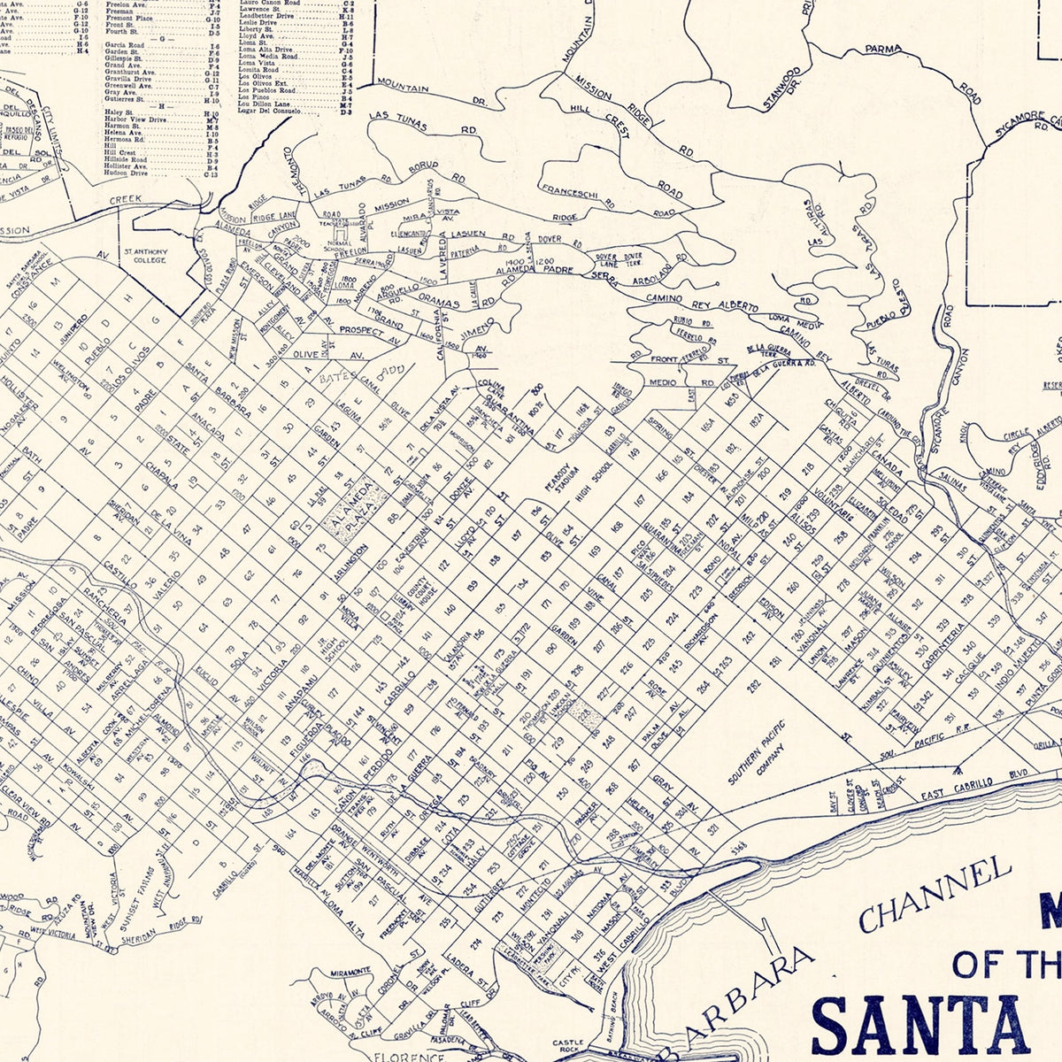 Restored historic details from the 1920 city map of Santa Barbara, California