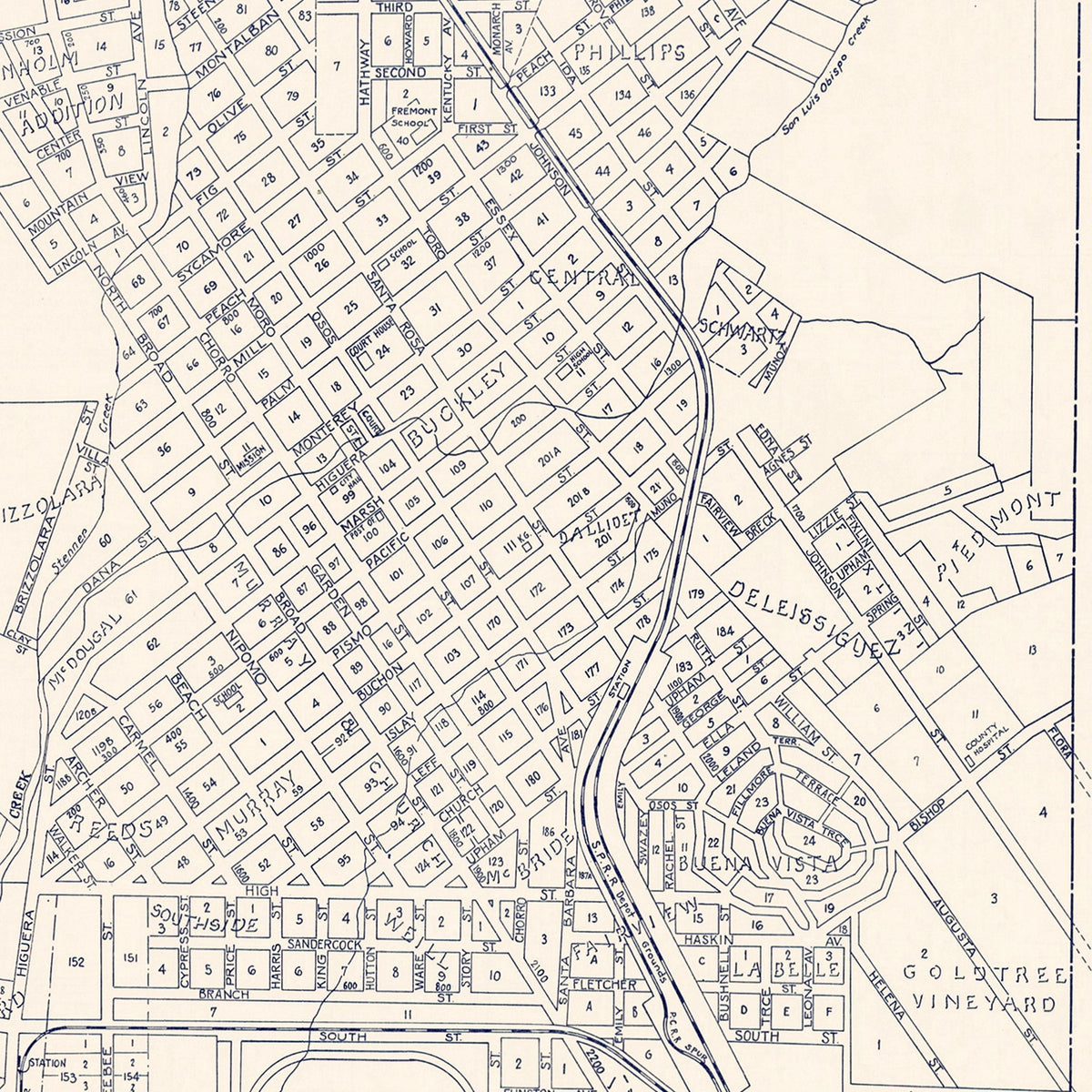 Restored historic details from the 1920 city map of San Luis Obispo, California