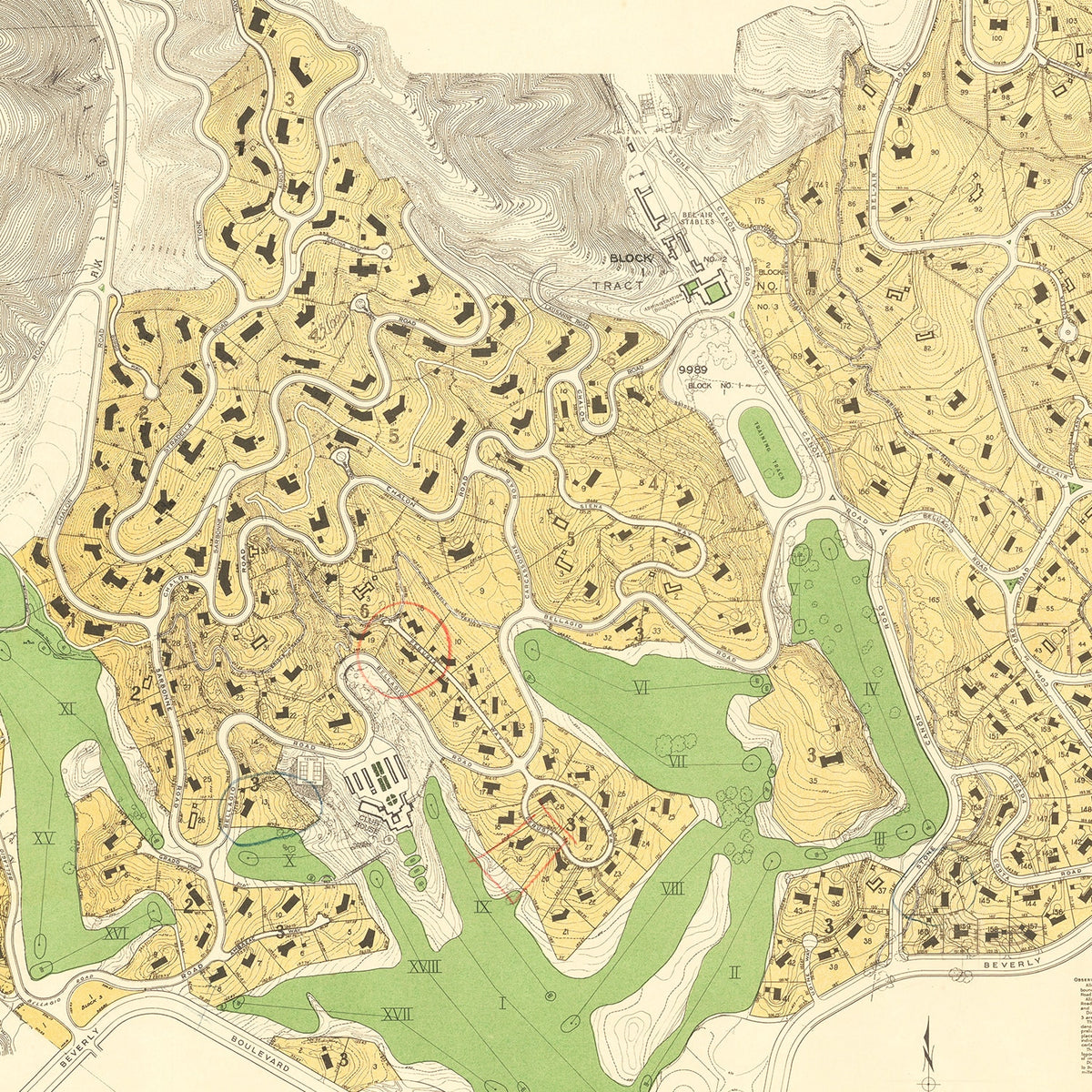Restored historic details from the 1923 neighborhood map of Los Angeles, California