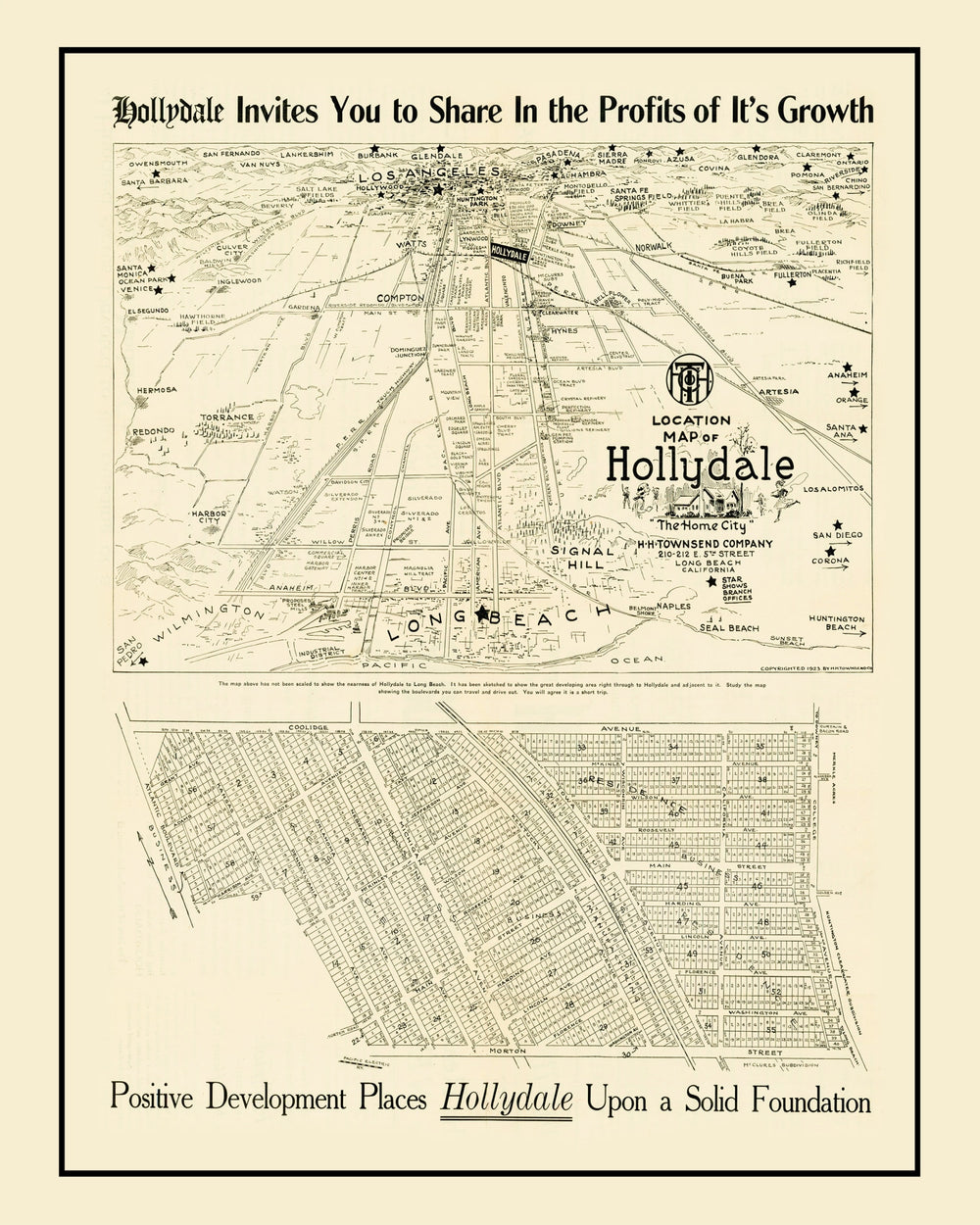 Vintage Map of Hollydale, California 1923 print style example